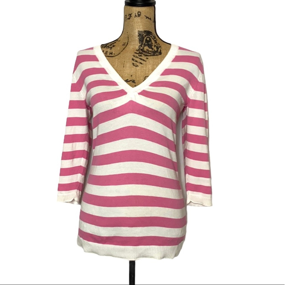 Madison Pink White Striped Ruffle Scoop Neck Knit S